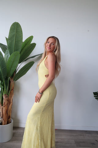 Yellow Lace Halter Neck Open Back Maxi Dress