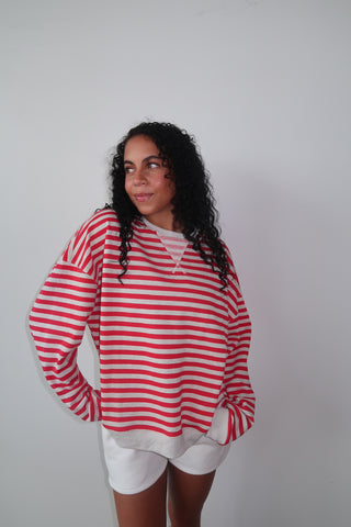 Grey & Red Everyday Striped Crewneck