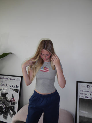 Heather Grey American Flag Embroidered Baby Tee
