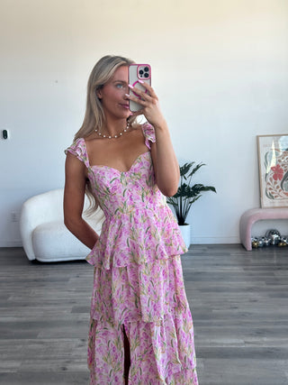 Pink Multi Floral Ruffle Maxi Dress