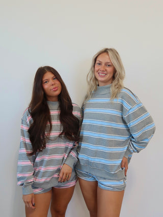 Grey & Pink Oversized Striped Mock Neck
