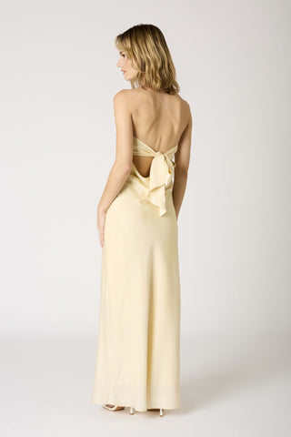 Pale Yellow Satin Strapless Maxi Dress With Open Back