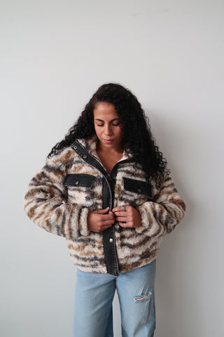 Contrast Denim Printed Sherpa Zip Up