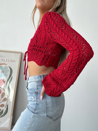 Crochet Cropped Front Tie Long Sleeve