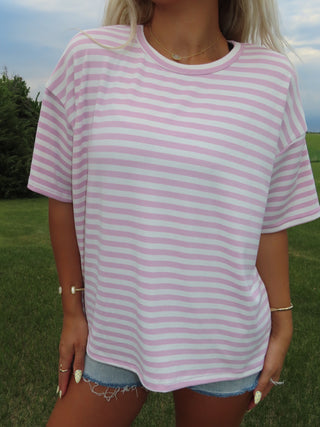 Pink Round Neck Oversized Stripe Tee Shirt