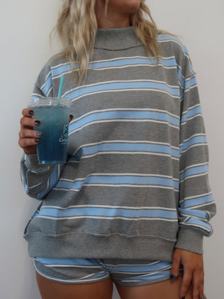 Grey & Blue Oversized Striped Mock Neck