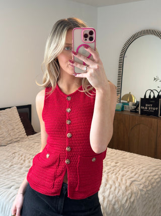 Red Round Neck Button Down Sweater Vest