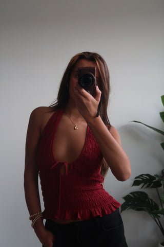 Red V-Neck Tie Halter Top