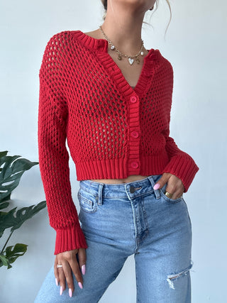 Red Crochet Button Down Cardigan