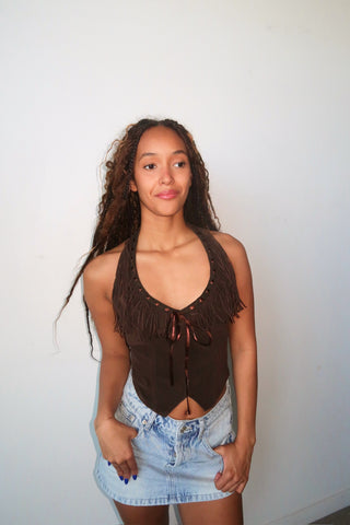 Chocolate Suede Halter Top With Fringe