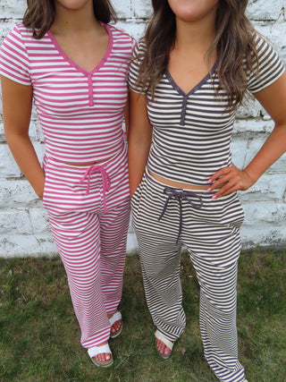 Rose and White Striped Snap Button Tee