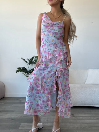 Blue Floral Ruffle Maxi Dress