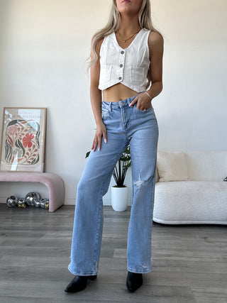 Mica High Rise Wide Leg With Distressed Knee Jeans