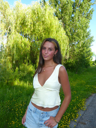Pale Yellow Satin V-Neck Tank Top