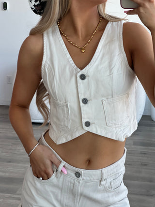 Hidden Cropped Cream Denim Fitted Vest