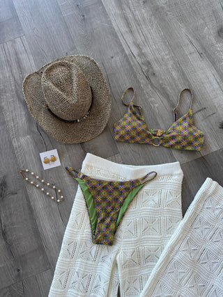 Green & Yellow Kaleidoscope Bikini Top With Gold Ring