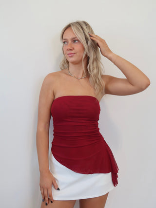 Red Strapless Asymmetrical Mesh Top