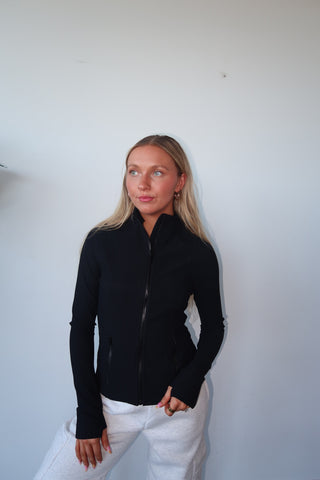 Fitted Black Ribbed Zip Up Jacket