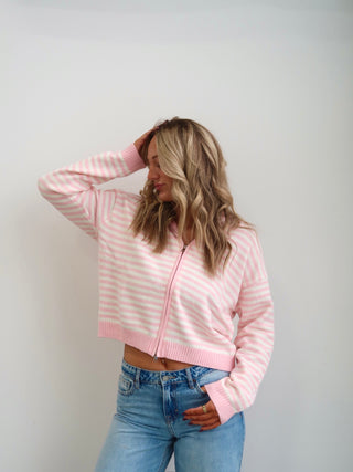 Sunday Zip Stripe Sweater - Pink & White