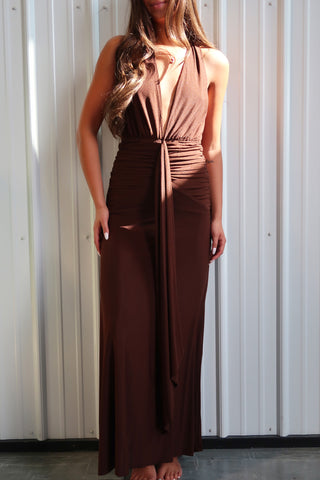 Espresso Ruched Halter Maxi Dress
