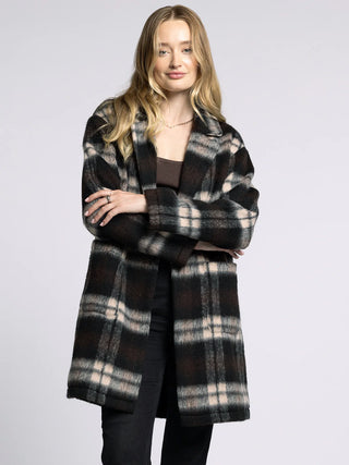 Brown & Cream Plaid Long Wool Coat