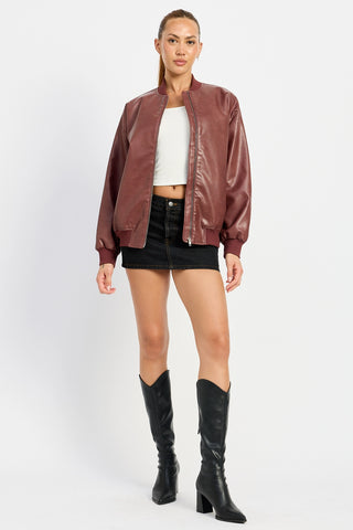 Vintage Faux Leather Bomber Jacket