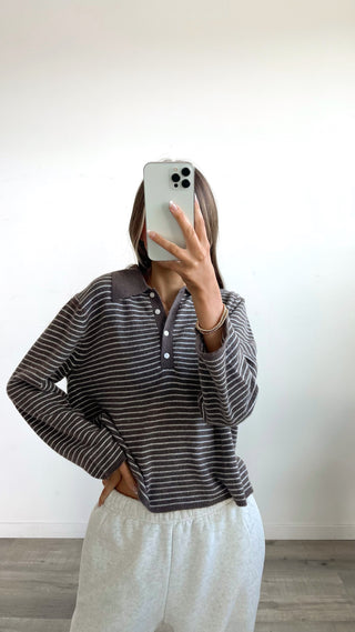 Brown Stripe Knit Sweater With Quarter Button Detail