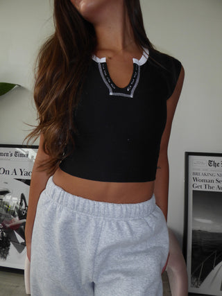 Black Short Sleeve V Neck With White Stitching