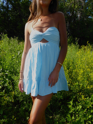 Sky Blue Strapless Dress With Open Back