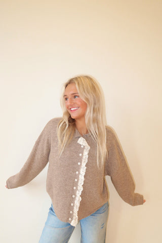 Mocha Cardigan With Lace Trim