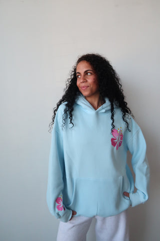 Icy Blue Hibiscus Flower Beach Babe Embroider Hoodie