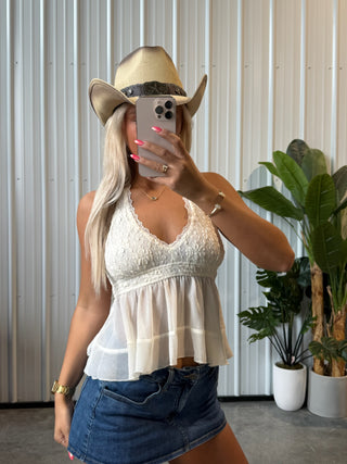 Cream Flower Lace Halter Babydoll Top