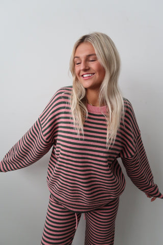 Pink & Green Stripe Crew Neck Sweater