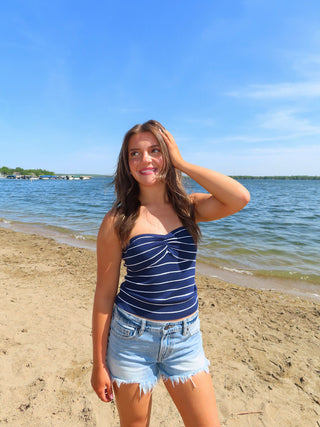 Navy Stripe Ribbed Strapless Top