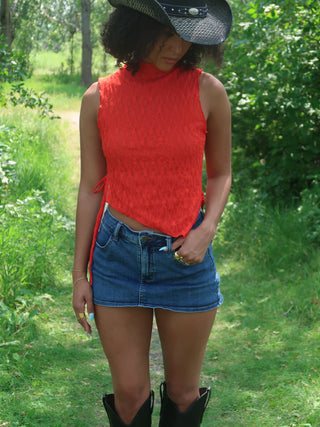 Red Mesh Asymmetrical Top