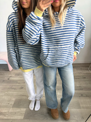 Cozy Royal Blue Striped Hoodie With Yellow Cuff