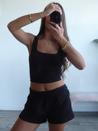 Black Cropped Ribbed Scoop Neck Tank