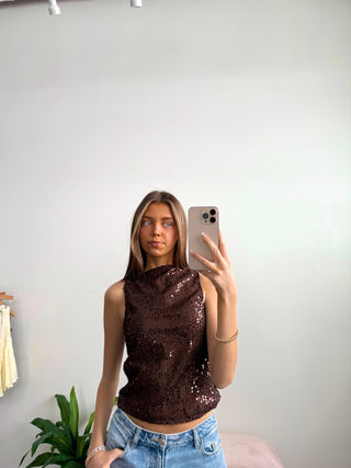 Brown Sequin Boat Neck Tank Top