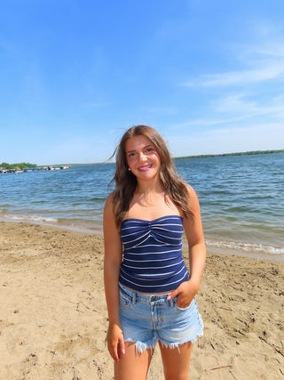 Navy Stripe Ribbed Strapless Top