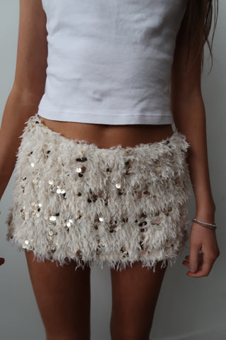 Cream Faux Fur Sequin Skort