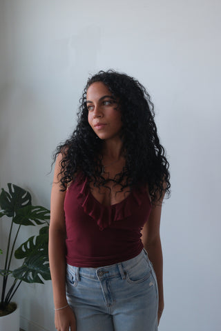 Burgundy Ruffle Mesh Halter Tank Top