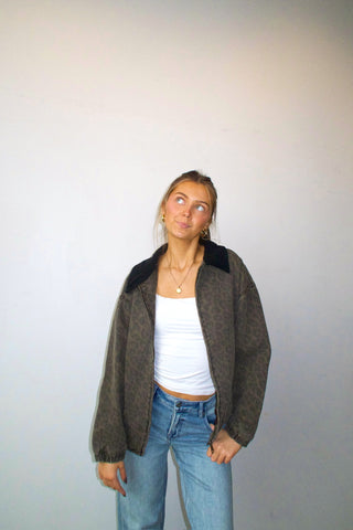 Oversized Muted Leopard Denim Barn Jacket