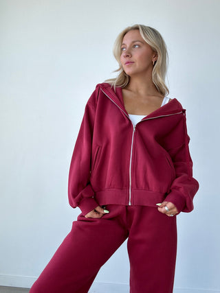 Burgundy Staple Oversized Zip Up Hoodie