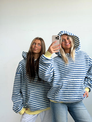 Cozy Royal Blue Striped Hoodie With Yellow Cuff