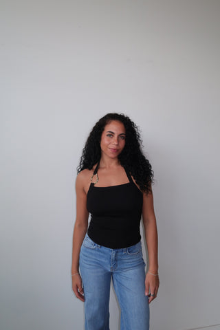 Black Halter Neck Tank Top With Gold Ring