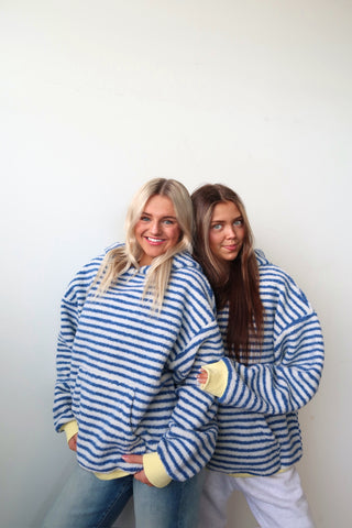 Cozy Royal Blue Striped Hoodie With Yellow Cuff