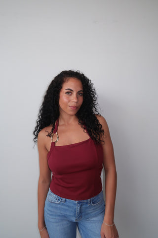 Burgundy Halter Neck Tank With Gold Ring