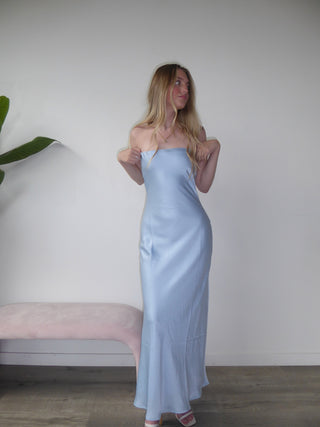 Light Blue Satin Strapless Dress With Open Tie Back