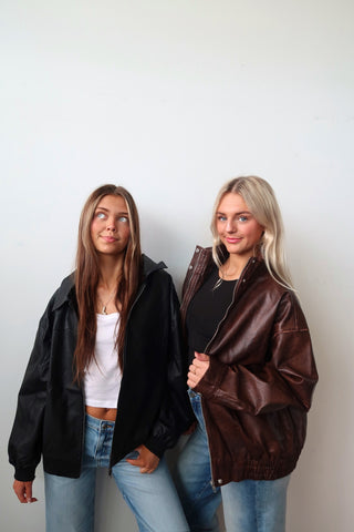 Brown Faux Leather Bomber Jacket
