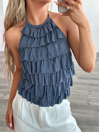 Slate Ruffled Open Back Halter Top